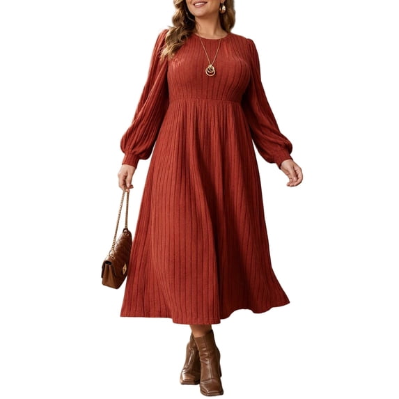 Mengpipi Women's Plus Size Knits Fall Spring Long Sleeve Round Neck Puff Sleeve Ribbed A-Line Solid Color Casual Comfortable Midi Dress 1X-5X