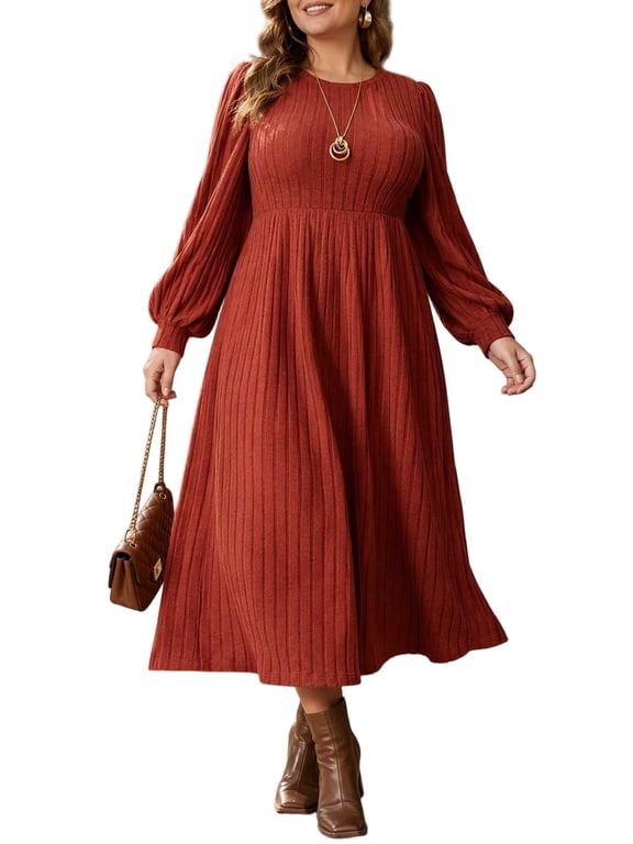 Women's Plus Size Knits Fall Spring Long Sleeve Round Neck Puff Sleeve Ribbed A-Line Solid Color Casual Comfortable Midi Dress 1X-5X