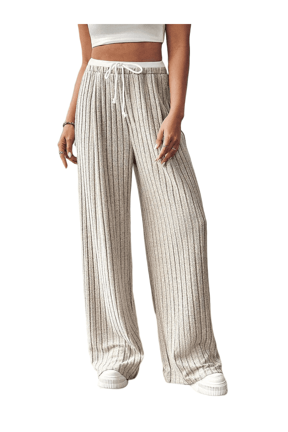 Women’s Plus Size Pants Fall Spring Ribbed Knit Drawstring Wide Leg Elastic Waistband Casual Lounge Pants 1X-4X