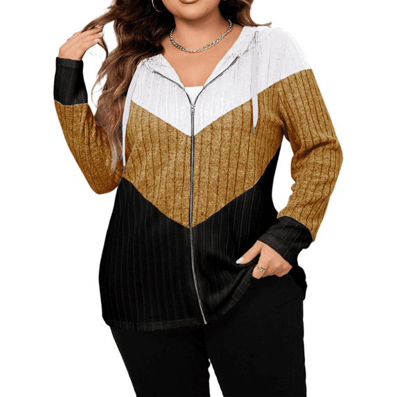 Mengpipi Women's Striped Color Block Hooded Cardigan Plus Size Loose Fit Casual Outwear 1X-4X