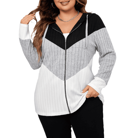 Mengpipi Women's Striped Color Block Hooded Cardigan Plus Size Loose Fit Casual Outwear 1X-4X