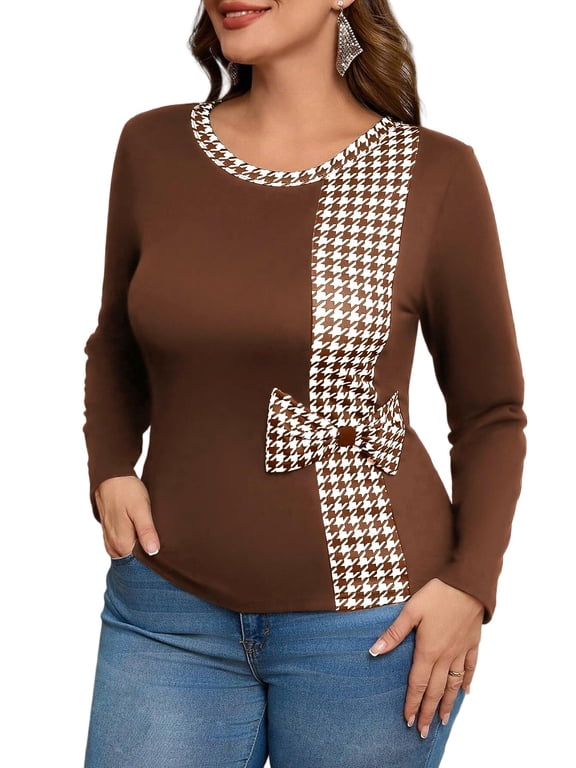 Women's Plus Size Tops Fall Spring Long Sleeve Round Neck Contrast Panel Bow Detail Houndstooth Print Casual Chic Blouse 1X-4X