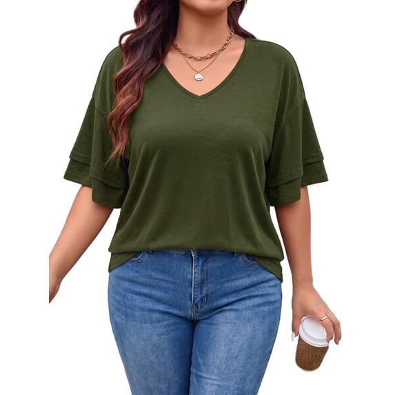 Mengpipi Women's Plus Size Tops Summer Short Sleeve V-Neck Ruffle Trim Loose Fit Solid Color Casual Blouse 1X-5X