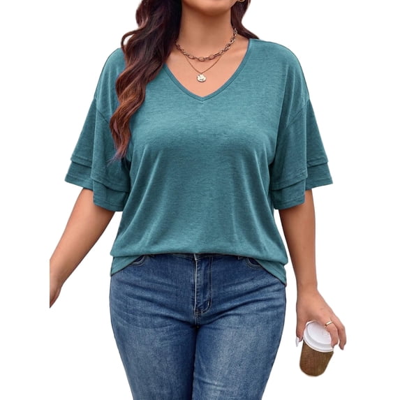 Mengpipi Women's Plus Size Tops Summer Short Sleeve V-Neck Ruffle Trim Loose Fit Solid Color Casual Blouse 1X-5X