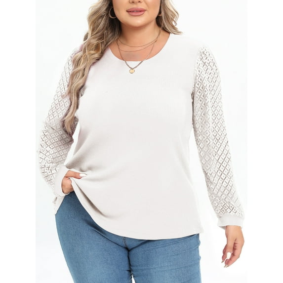 Mengpipi Women's Plus Size Tops Waffle Knit Lace Long Sleeve Blouse Loose Casual Shirt 1X-5X
