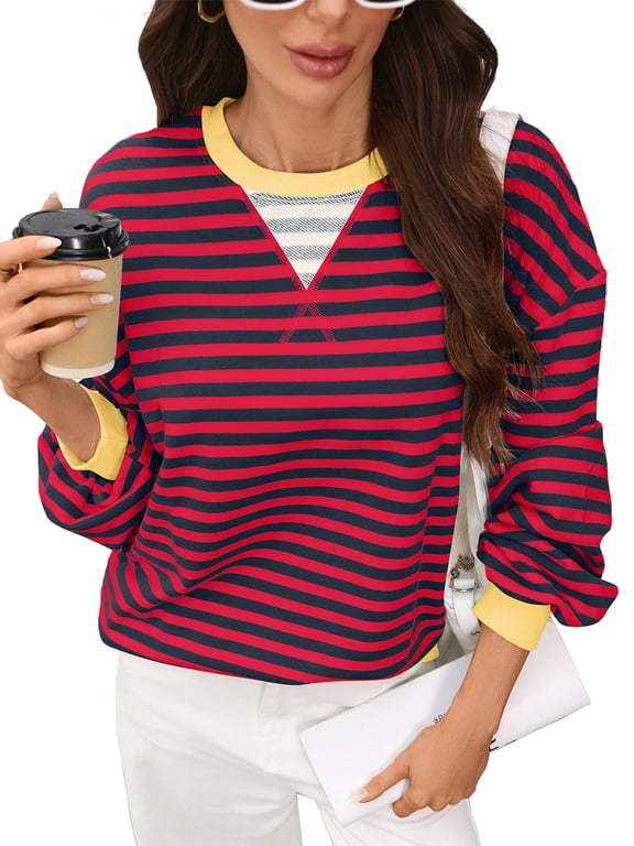 Women's Pullover Top Fall Winter Long Sleeve Crew Neck Relaxed Fit Stripe Color Block Print Casual Sweatshirt S-2XL