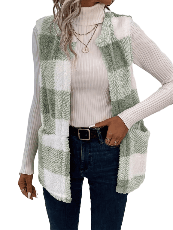Women's Reversible Plaid Sherpa Vest - Fuzzy Fleece Sleeveless Jacket with Pockets S-2XL