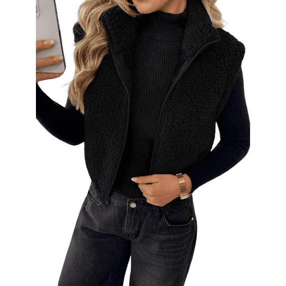 Mengpipi Women's Reversible Sherpa Fleece Vest - Fuzzy Plush Zip Up Sleeveless Jacket with Turn-Down Collar S-XL