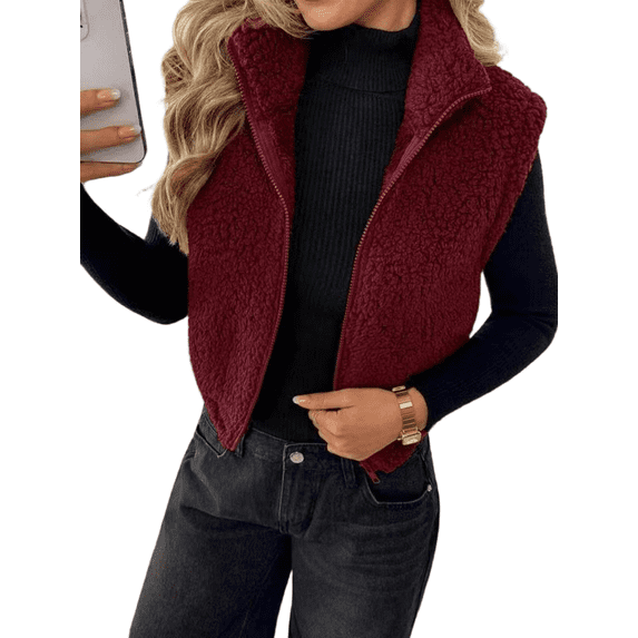 Mengpipi Women's Reversible Sherpa Fleece Vest - Fuzzy Plush Zip Up Sleeveless Jacket with Turn-Down Collar S-XL