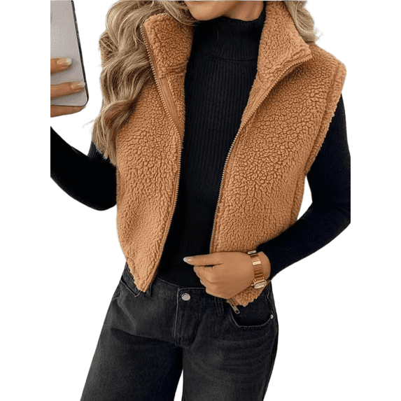 Mengpipi Women's Reversible Sherpa Fleece Vest - Fuzzy Plush Zip Up Sleeveless Jacket with Turn-Down Collar S-XL