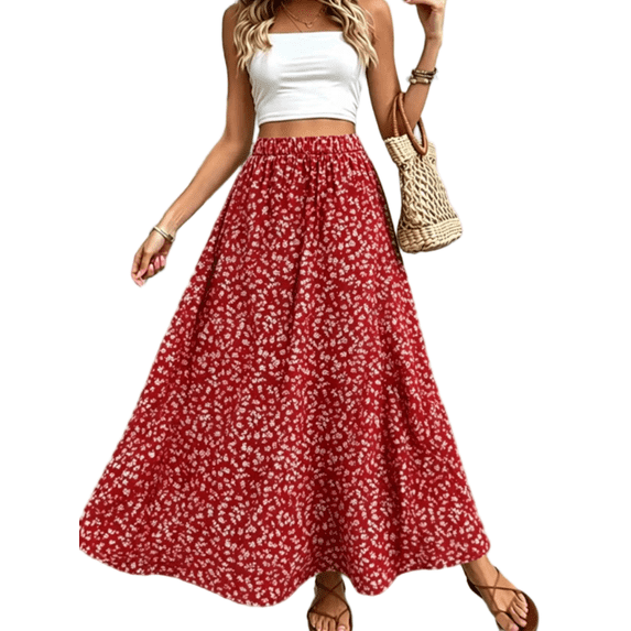 Mengpipi Women's Romantic Floral Print Maxi Skirt Elastic Waistband A-Line Long Skirt S-2XL