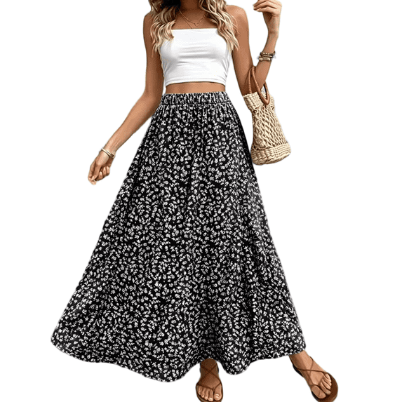 Mengpipi Women's Romantic Floral Print Maxi Skirt Elastic Waistband A-Line Long Skirt S-2XL