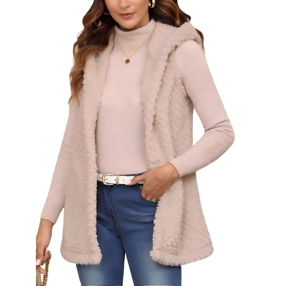 Mengpipi Women's Sherpa Vest Fall Winter Sleeveless Hooded Relaxed Fit Solid Color Cozy Casual Outerwear S-2XL
