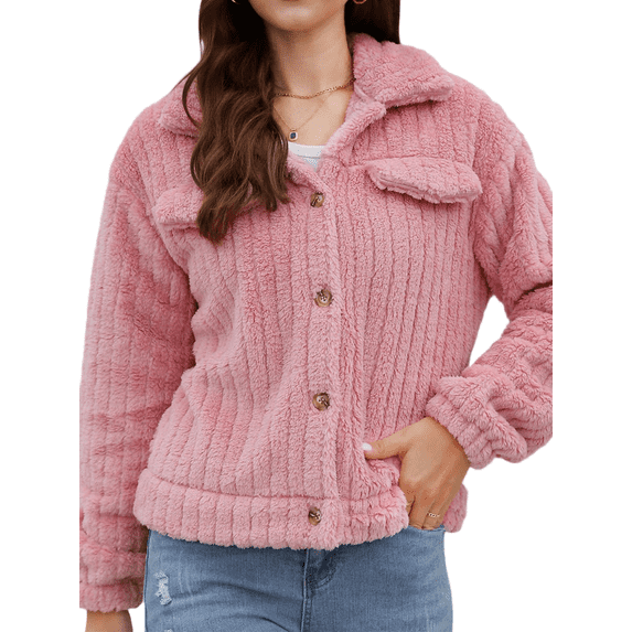 Mengpipi Women's Short Lapel Cardigan Fuzzy Ribbed Knit Open Front Shacket S-2XL