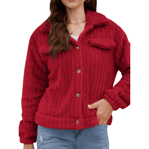 Mengpipi Women's Short Lapel Cardigan Fuzzy Ribbed Knit Open Front Shacket S-2XL