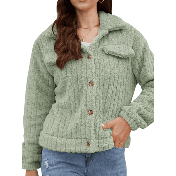 Mengpipi Women's Short Lapel Cardigan Fuzzy Ribbed Knit Open Front Shacket S-2XL