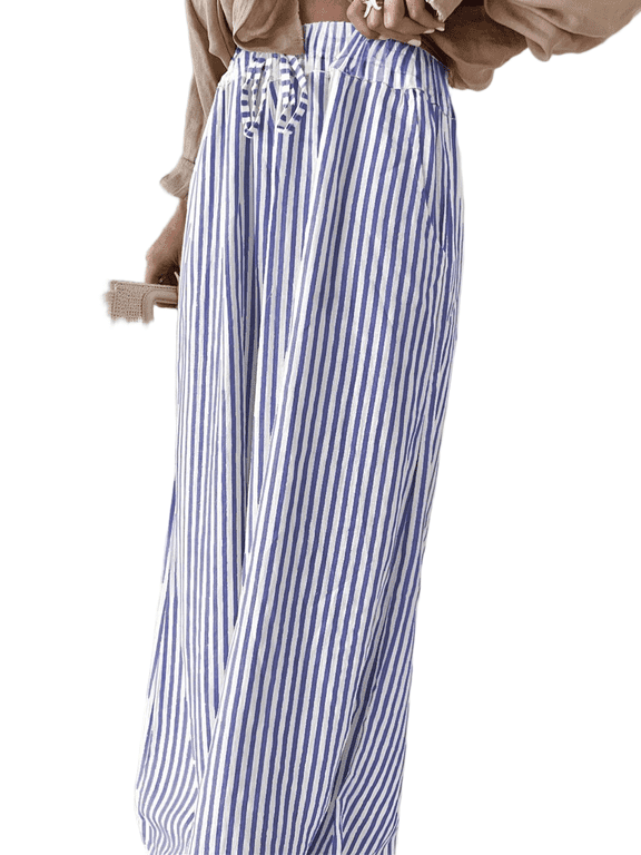 Women's Striped High Rise Wide Leg Pants Loose Fit Flowy Beach Pants With Slant Pockets S-2XL