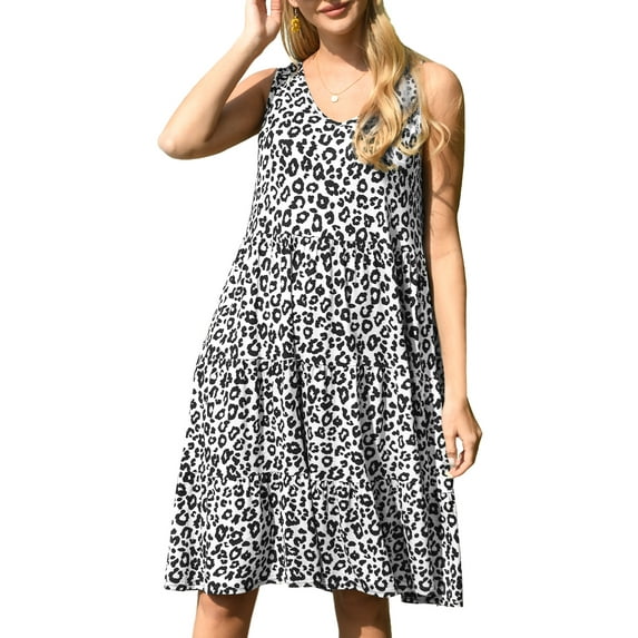Mengpipi Women's Summer Casual Sleeveless V-Neck Swing Tank Dress Casual Flowy Tiered Beach Dress, Leopard-White-S(US 4-6)