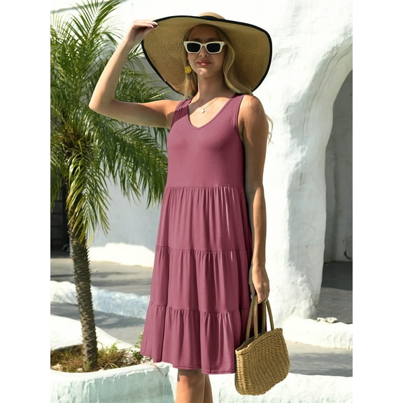 Mengpipi Women's Summer Casual Sleeveless V-Neck Swing Tank Dress Casual Flowy Tiered Beach Dress, Wine-S(US 4-6)