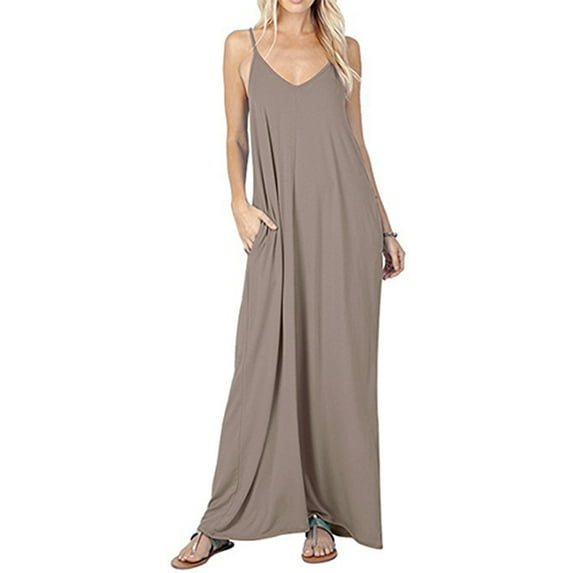 Mengpipi Women's Summer Sleeveless V Neck Casual Flowy Pockets Loose Maxi Dress,Khaki