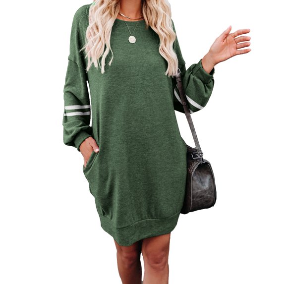 Mengpipi Women's Sweatshirt Dress Casual Striped Long Sleeve Dress Round Neck Blouses Dress with Pockets, Green-L(US 14-16)