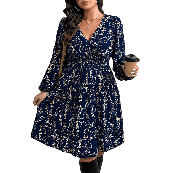 Mengpipi Women's Swing Dress Fall Spring Long Sleeve V Neck Cinched Waist Floral Print Casual Maxi Dress 1X-4X