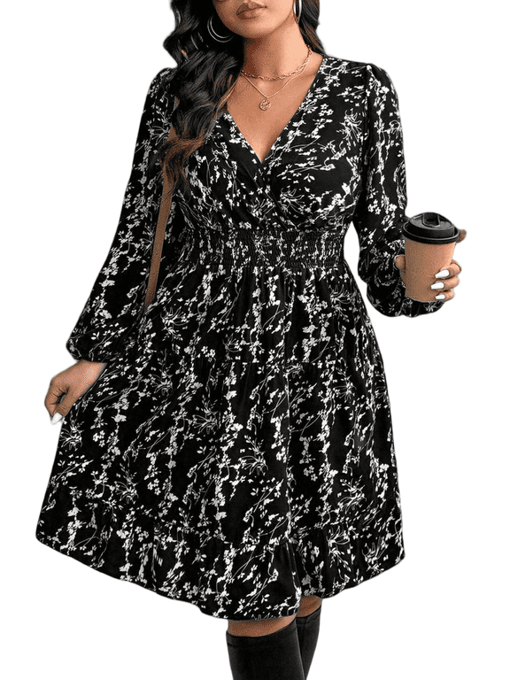 Women's Swing Dress Fall Spring Long Sleeve V Neck Cinched Waist Floral Print Casual Maxi Dress 1X-4X