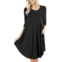 Mengpipi Women's T-Shirt Dresses Long Sleeve Plain Flowy Women Midi Dress with Pocket Black, L