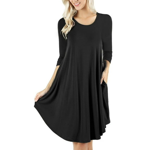 Mengpipi Women's T-Shirt Dresses Long Sleeve Plain Flowy Women Midi Dress with Pocket S-2XL