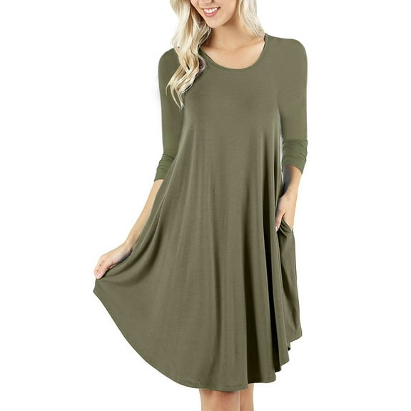 Mengpipi Women's T-Shirt Dresses Long Sleeve Plain Flowy Women Midi Dress with Pocket S-2XL