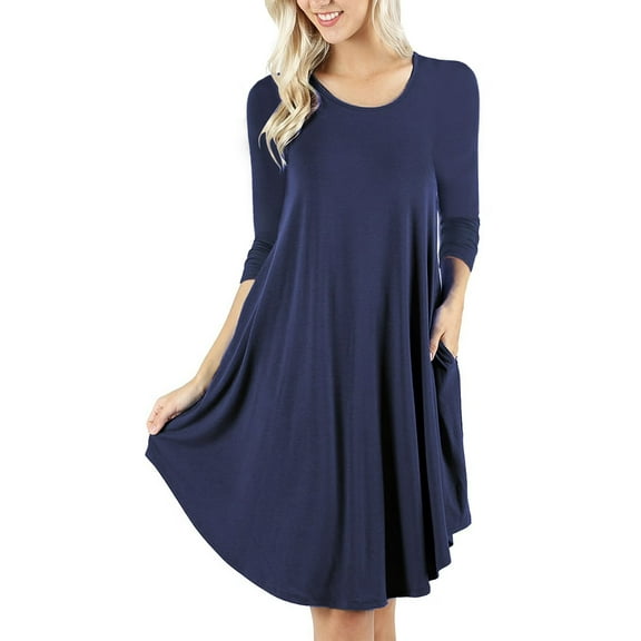 Mengpipi Women's T-Shirt Dresses Long Sleeve Plain Flowy Women Midi Dress with Pocket S-2XL
