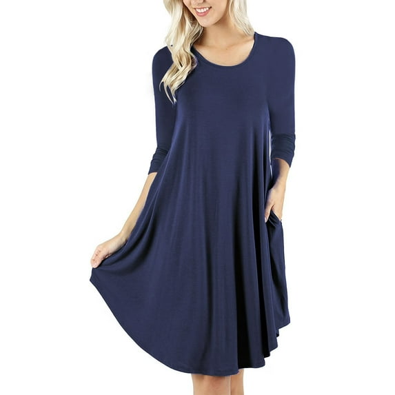 Mengpipi Women's T-Shirt Dresses Long Sleeve Plain Flowy Women Midi Dress with Pocket S-2XL