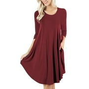 Mengpipi Women's T-Shirt Dresses Long Sleeve Plain Flowy Women Midi Dress with Pocket Red, L