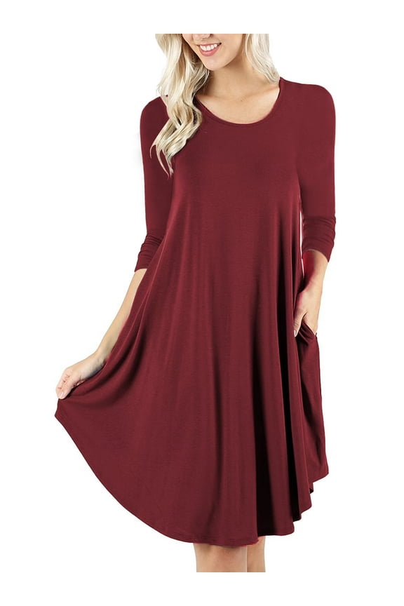 Women's T-Shirt Dresses Long Sleeve Plain Flowy Women Midi Dress with Pocket S-2XL