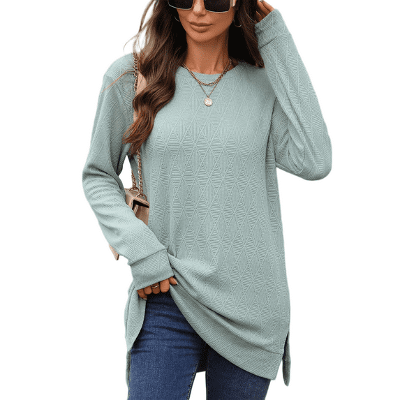 Mengpipi Women’s Tops Fall Spring Long Sleeve Crew Neck Textured Knit Side Slit Comfortable Casual Pullover Shirts S-2XL