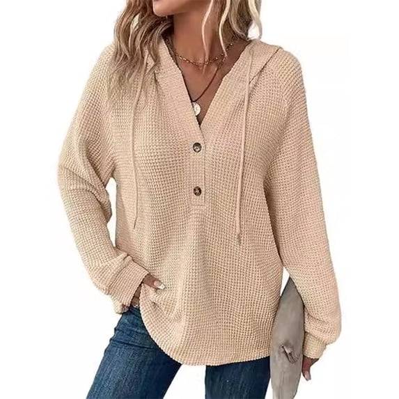 Mengpipi Women's Tops Fall Spring Long Sleeve V-Neck Waffle Knit Hooded Button Front Loose Casual Cardigan S-2XL