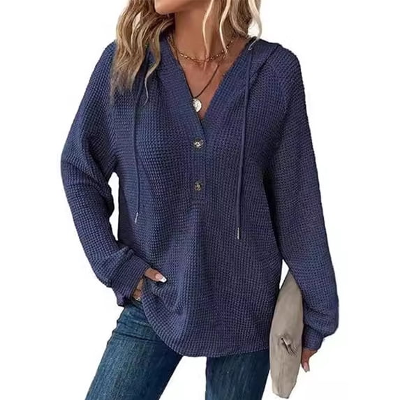 Mengpipi Women's Tops Fall Spring Long Sleeve V-Neck Waffle Knit Hooded Button Front Loose Casual Cardigan S-2XL
