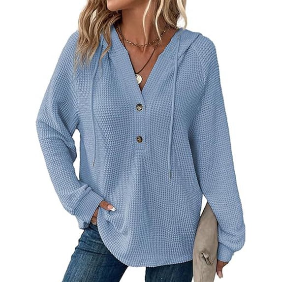 Mengpipi Women's Tops Fall Spring Long Sleeve V-Neck Waffle Knit Hooded Button Front Loose Casual Cardigan S-2XL