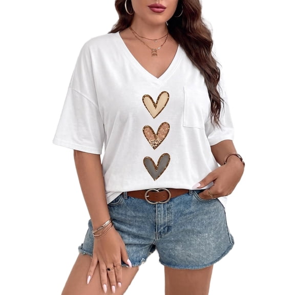 Mengpipi Women's Tops Summer Short Sleeve V-Neck Loose Fit Romantic Heart Patchwork Sweet Blouses 1X-4X