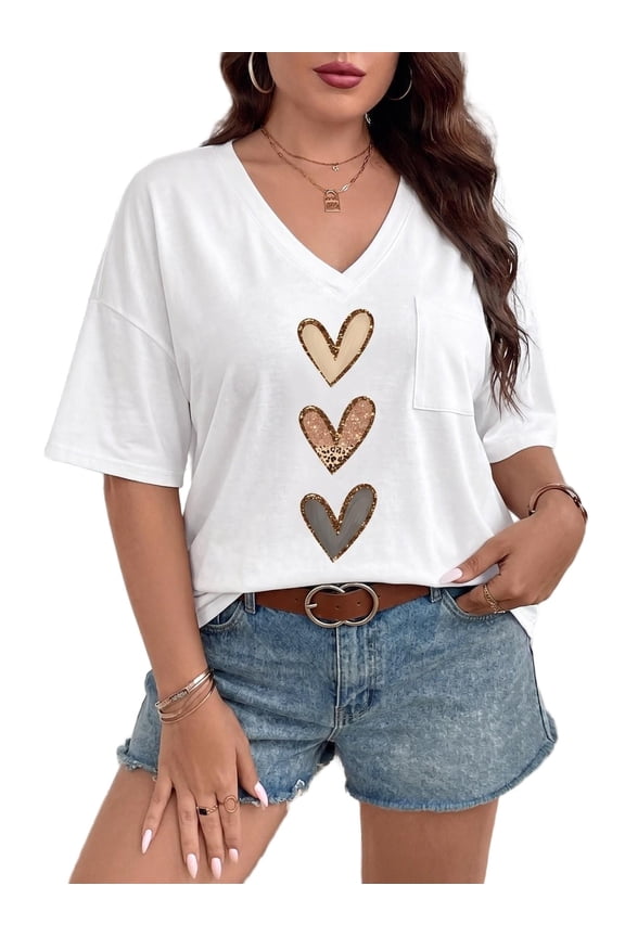 Women's Tops Summer Short Sleeve V-Neck Loose Fit Romantic Heart Patchwork Sweet Blouses 1X-4X
