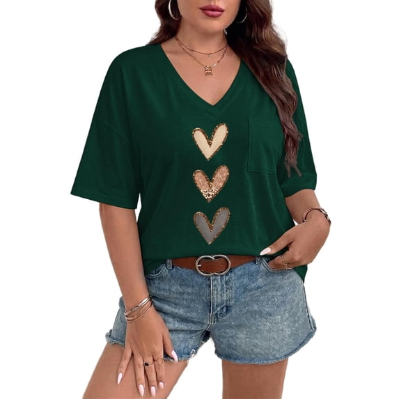 Mengpipi Women's Tops Summer Short Sleeve V-Neck Loose Fit Romantic Heart Patchwork Sweet Blouses M-5X