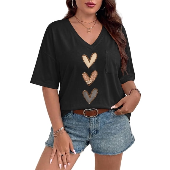 Mengpipi Women's Tops Summer Short Sleeve V-Neck Loose Fit Romantic Heart Patchwork Sweet Blouses M-5X