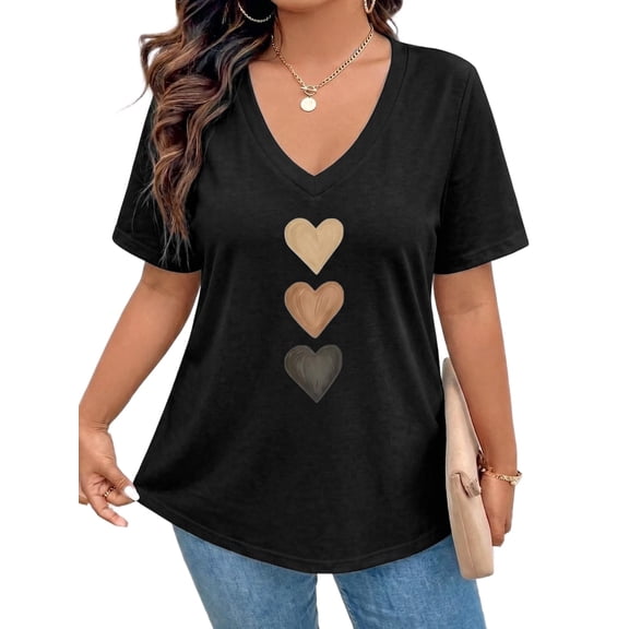 Mengpipi Women's Tops Summer Short Sleeve V-Neck Relaxed Gradient Heart Print Casual Shirt 1X-4X