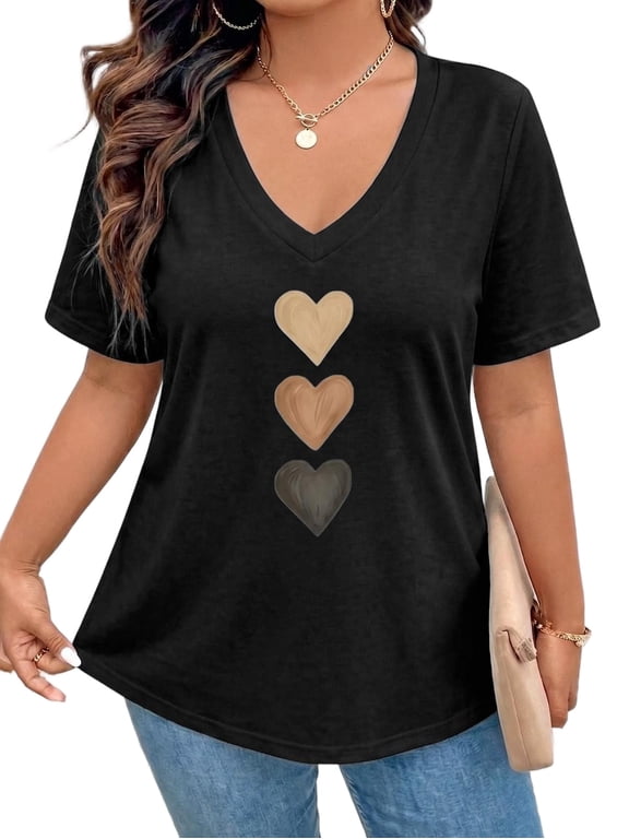 Women’s Plus Gradient Heart Print V-Neck Tee Summer Casual Short Sleeve 2XL-5XL