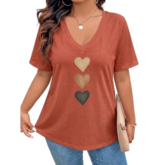 Mengpipi Women’s Gradient Heart Print V-Neck Tee Summer Casual Short Sleeve M-XL