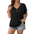 thumbnail image 1 of Mengpipi Women's Tops Summer Short Sleeve V-Neck Rolled Sleeve Silver Button Solid Casual Shirt 1X-5X, 1 of 9