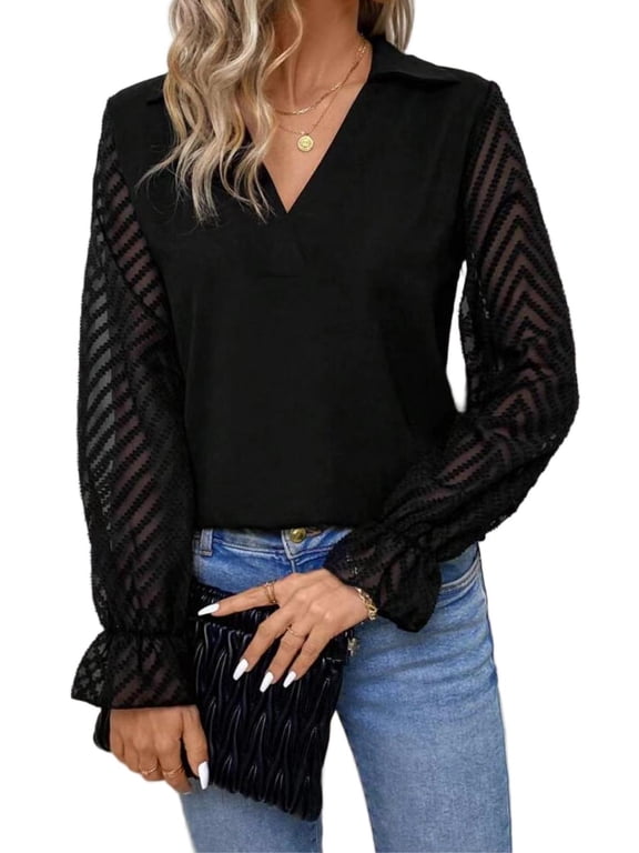 Women's V-Neck Lace Insert Long Sleeve Blouse - Casual Loose Fit Tops S-XL