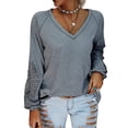 thumbnail image 1 of Mengpipi Women's V Neck Tops Long Sleeve T-Shirts Loose Fit Solid Color Lace Stitching Blouses Tunics Tops, Gray, 1 of 4