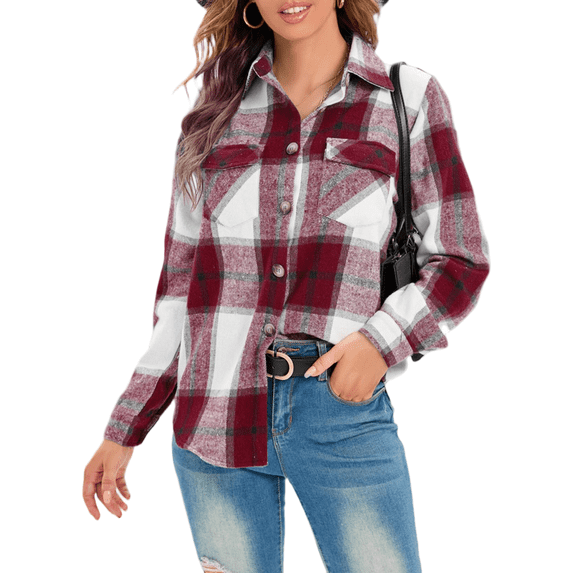 Mengpipi Women's Vintage Checkered Shacket - Long Sleeve Button Front Lapel Collar, Thick Warm Plaid Coat S-2XL