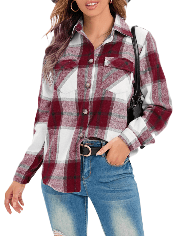 Women's Vintage Checkered Shacket - Long Sleeve Button Front Lapel Collar, Thick Warm Plaid Coat S-2XL